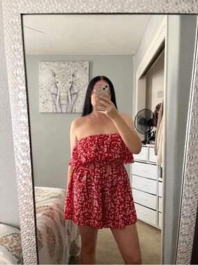 SHEIN Red White Floral Off Shoulder Ruffle Strapless Romper M Medium
